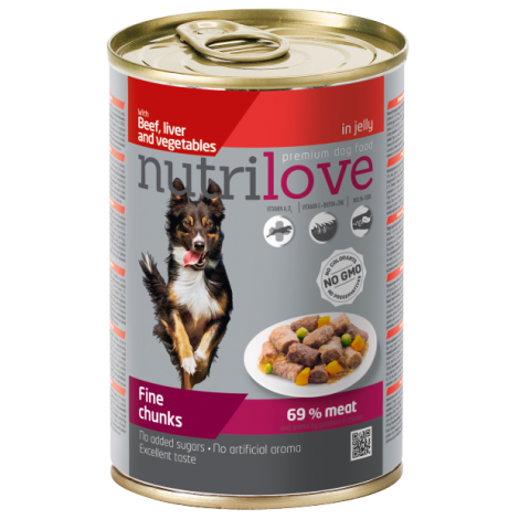 NUTRILOVE Premium kawałki z wołowiną, wątróbką i warzywani w galaretce dla psa 415g [11449]