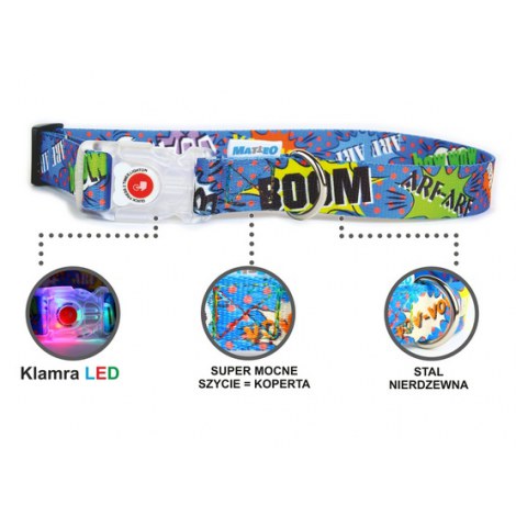 Matteo Obroża Klamra LED 25mm graffiti niebieskie - 2