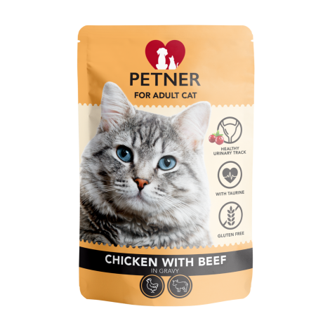 PETNER Karma mokra z kurczakiem z wołowiną i żurawiną 85 g dla kota