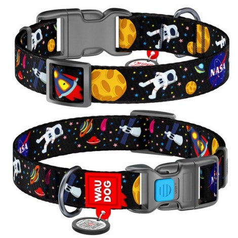 Collar WauDog Nylon Obroża nylonowa z QR-paszportem, plastikowy fastex, wzór NASA, 15mm/25-35cm